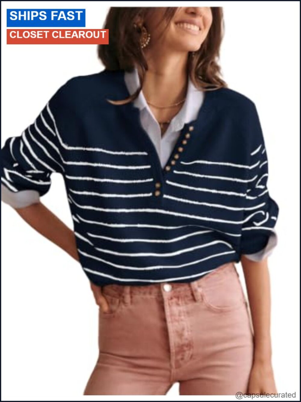 Women's Color Block Striped Button Up Crewneck Ribbed Knit Pullover Sweater